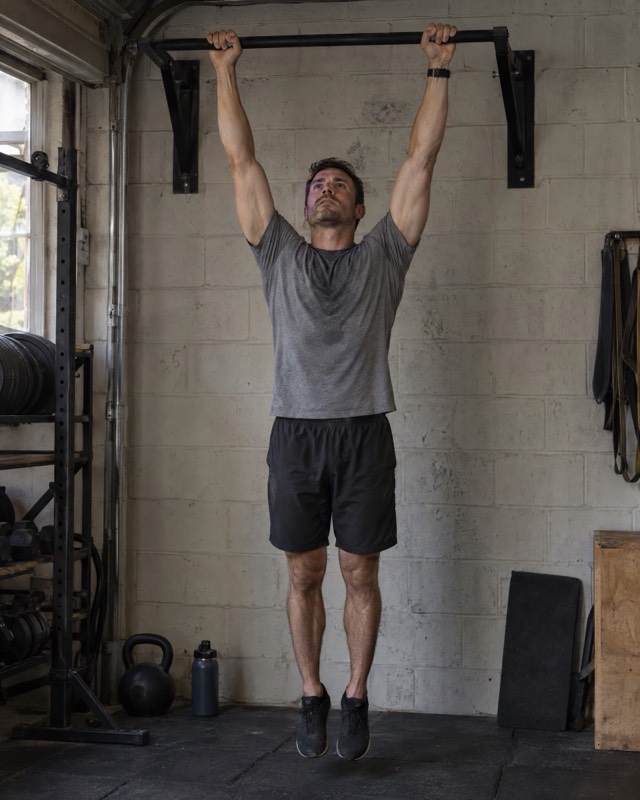 An athlete in a dead hang from a wall-mounted bar in a garage gym